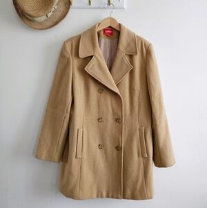 ESPRIT Wool Blend Double Breasted Peacoat Camel Jacket Size L